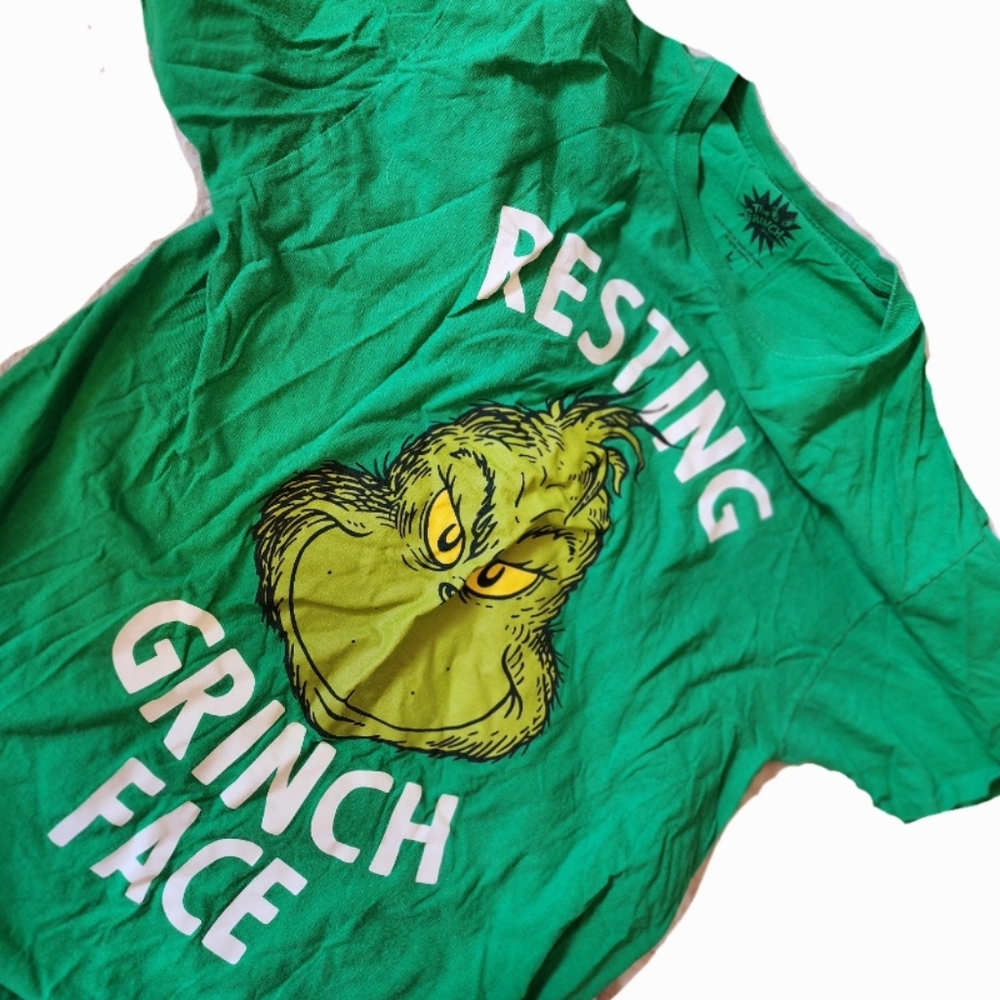 2 THE GRINCH "RESTING GRINCH FACE" Short Sleeve Tee Shirts - GREEN - LG